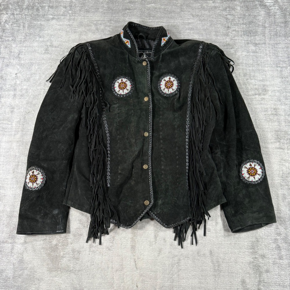 Vintage Suede Jacket Womens Large Black Leather Fringe Beaded Western Cowgirl